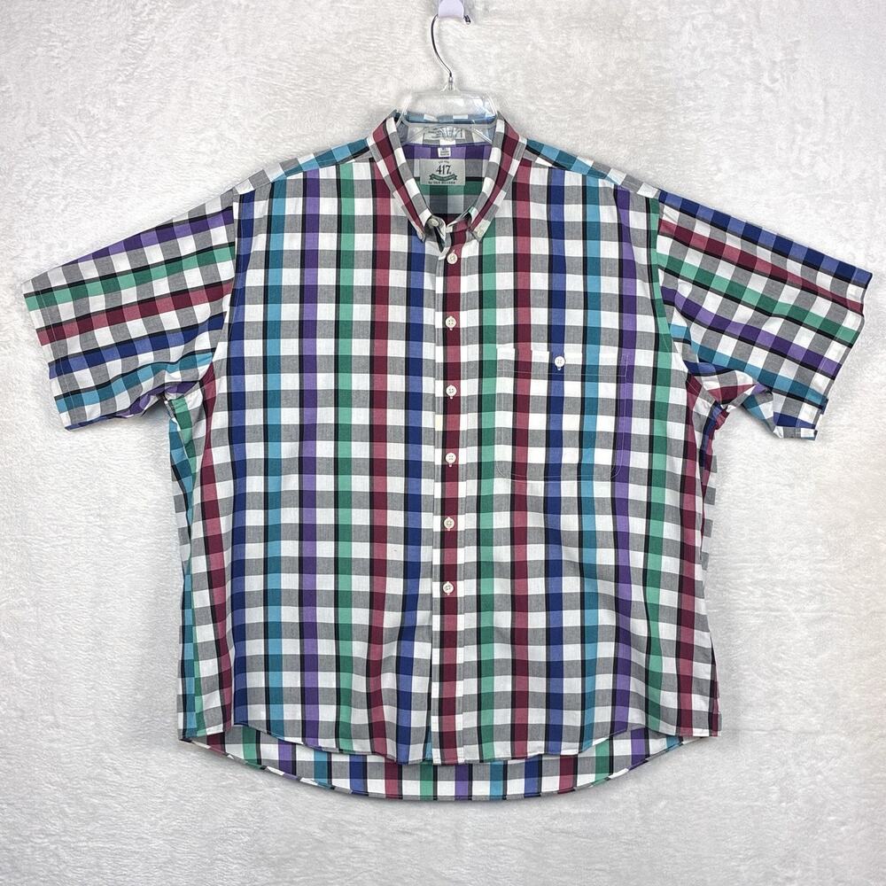 VTG 417 Van Heusen Camp Shirt Mens XL Blue Black White Green Plaid Preppy 80s